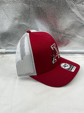 Load image into Gallery viewer, Arkansas Razorbacks NCAA '47 Brand Throwback Red Trucker Adjustable Snapback Hat showcasing vibrant red color and adjustable snapback design.
