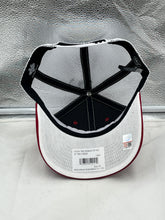 Load image into Gallery viewer, Close-up of Arkansas Razorbacks NCAA '47 Brand Throwback Red Trucker Adjustable Snapback Hat with detailed stitching and classic adjustable snapback feature.