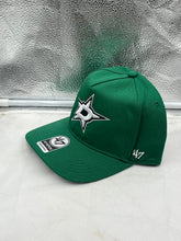 Load image into Gallery viewer, Close-up view of the Dallas Stars NHL '47 Brand Green Hitch Adjustable Snapback Hat, highlighting the quality embroidery and adjustable strap for a comfortable fit.