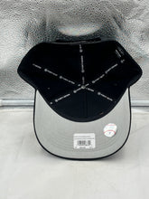 Load image into Gallery viewer, San Francisco Giants MLB '47 Brand Throwback Black Hitch Adjustable Snapback Hat positioned at an angle, highlighting the adjustable snapback closure and high-quality material.
