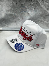 Load image into Gallery viewer, Close-up view of the Wisconsin Badgers NCAA '47 Brand White Hitch Script Rope Adjustable Snapback Hat highlighting its vintage rope design and adjustable snapback closure.
