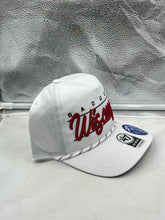 Load image into Gallery viewer, Wisconsin Badgers NCAA '47 Brand White Hitch Script Rope Adjustable Snapback Hat featuring a bold Badgers script logo and vintage rope design.