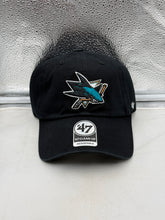 Load image into Gallery viewer, San Jose Sharks NHL '47 Brand Throwback Black Clean Up Adjustable Hat - stylish black design featuring the team's logo, perfect for fans of the San Jose Sharks hat.