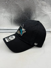 Load image into Gallery viewer, Close-up view of the San Jose Sharks NHL '47 Brand Throwback Black Clean Up Adjustable Hat showing adjustable strap and high-quality fabric, ideal for showcasing your love for the San Jose Sharks hat.