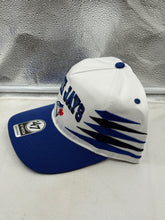 Load image into Gallery viewer, Side view of the Toronto Blue Jays MLB '47 Brand White TT Diamond Hitch Adjustable Snapback Hat featuring the unique diamond pattern.