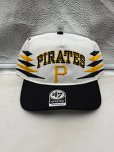 Load image into Gallery viewer, Pittsburgh Pirates MLB '47 Brand White TT Diamond Hitch Adjustable Snapback Hat displayed on a mannequin in a baseball setting.