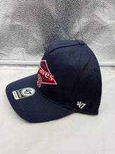 Load image into Gallery viewer, Atlanta Braves MLB '47 Brand Throwback Navy Hitch Adjustable Snapback Hat displayed on a mannequin to illustrate its adjustable fit.