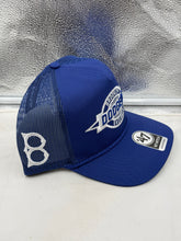 Load image into Gallery viewer, Los Angeles Dodgers MLB '47 Throwback Blue Hitch Rope Adjustable Snapback Hat worn by a fan at a baseball game, showing team spirit and style.