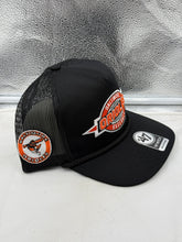 Load image into Gallery viewer, Baltimore Orioles MLB '47 Throwback Black Hitch Rope Adjustable Snapback Hat worn by a fan at the ballpark demonstrating team spirit and style.