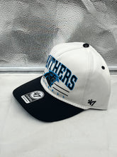 Load image into Gallery viewer, Adjustable fit of the Carolina Panthers NFL '47 White TT Roscoe Hitch Rope Snapback Adjustable Hat, designed for comfort for any head size.
