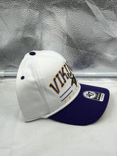 Load image into Gallery viewer, Minnesota Vikings NFL '47 White TT Roscoe Hitch Rope Snapback Adjustable Hat showcasing its stylish design with a unique rope detail and the vibrant team colors.
