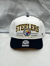 Load image into Gallery viewer, Pittsburgh Steelers NFL '47 White TT Roscoe Hitch Rope Snapback Adjustable Hat showcasing the iconic Steelers logo and trendy design.
