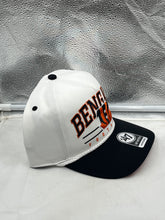 Load image into Gallery viewer, Cincinnati Bengals NFL '47 White TT Roscoe Hitch Rope Snapback Adjustable Hat displayed on a wooden surface, showcasing the stylish design and classic team logo.