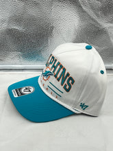 Load image into Gallery viewer, Side view of the Miami Dolphins NFL '47 White TT Roscoe Hitch Rope Snapback Adjustable Hat highlighting the unique rope detail across the front.
