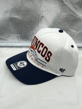 Load image into Gallery viewer, Close-up view of the Denver Broncos NFL '47 White TT Roscoe Hitch Rope Snapback Adjustable Hat displaying its breathable material and adjustable snapback feature.