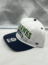 Load image into Gallery viewer, Close-up view of the Seattle Seahawks NFL '47 White TT Roscoe Hitch Rope Snapback Adjustable Hat displaying the quality materials and adjustable snapback closure.