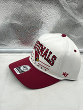 Load image into Gallery viewer, Close-up view of the Arizona Cardinals NFL '47 White TT Roscoe Hitch Rope Snapback Adjustable Hat highlighting the adjustable snapback feature and rope detail.