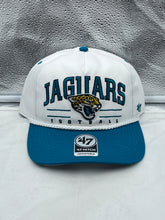 Load image into Gallery viewer, Jacksonville Jaguars NFL '47 White TT Roscoe Hitch Rope Snapback Adjustable Hat displayed on a simple background, highlighting its stylish design and iconic team logo.
