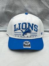 Load image into Gallery viewer, Detroit Lions NFL '47 White TT Roscoe Hitch Rope Snapback Adjustable Hat showcasing stylish rope detail and bold team colors.