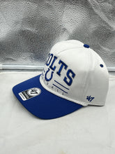 Load image into Gallery viewer, View of the Indianapolis Colts NFL '47 White TT Roscoe Hitch Rope Snapback Adjustable Hat featuring adjustable snapback closure for a customizable fit.