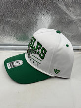 Load image into Gallery viewer, Close-up view of the Philadelphia Eagles NFL '47 Throwback White Hitch Rope Snapback Adjustable Hat showcasing the bold Eagles logo.