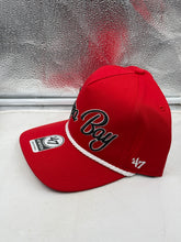 Load image into Gallery viewer, Close-up view of the Tampa Bay Buccaneers NFL '47 Brand Red Script Hitch Rope Snapback Adjustable Hat showcasing the rope accent and adjustable snapback closure.