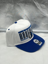 Load image into Gallery viewer, Dallas Mavericks NBA '47 Brand White Two Tone Hitch Snapback Adjustable Hat worn by a fan during a game to display team spirit.