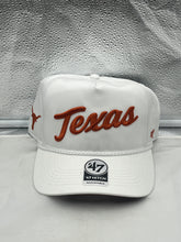 Load image into Gallery viewer, Texas Longhorns NCAA '47 Brand White Script Hitch Rope Adjustable Snapback Hat displayed at an angle, showcasing its stylish design and logo.