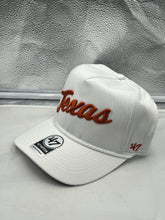 Load image into Gallery viewer, Close-up view of the Texas Longhorns NCAA '47 Brand White Script Hitch Rope Adjustable Snapback Hat highlighting the rope detail and script logo.