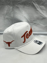 Load image into Gallery viewer, Texas Longhorns NCAA '47 Brand White Script Hitch Rope Adjustable Snapback Hat worn by a fan at a game, emphasizing team spirit and style.