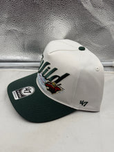 Load image into Gallery viewer, Side view of the Minnesota Wild NHL '47 Brand White Two Tone Script Hitch Adjustable Snapback Hat showcasing the adjustable snapback feature, ideal for comfortable wear as a Minnesota Wild hat.