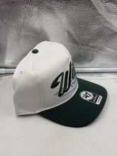 Load image into Gallery viewer, Close-up detail of the script logo on the Minnesota Wild NHL '47 Brand White Two Tone Script Hitch Adjustable Snapback Hat, representing team pride as a fashionable Minnesota Wild hat.