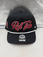 Load image into Gallery viewer, Alabama Crimson Tide NCAA '47 Black Script Hitch Rope Snapback Adjustable Hat displayed on a table, showcasing its stylish design and adjustable fit, perfect for fans.