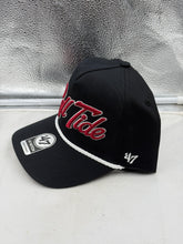 Load image into Gallery viewer, Close-up of the Alabama Crimson Tide NCAA '47 Black Script Hitch Rope Snapback Adjustable Hat highlighting the black script and rope detailing, ideal for dedicated supporters.