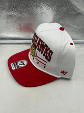 Load image into Gallery viewer, Close-up view of the Chicago Blackhawks NHL '47 Brand White TT Hitch Rope Adjustable Snapback Hat, highlighting the intricate rope detailing and logo of the Chicago Blackhawks hat.
