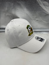 Load image into Gallery viewer, Flat lay of the Oregon Ducks NCAA '47 Brand White Clean Up Adjustable Strapback Hat, emphasizing its clean white color and quality fabric.