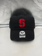 Load image into Gallery viewer, Stanford Cardinal NCAA '47 Brand Black Clean Up Adjustable Strapback Hat displayed on a white background, perfect for fans showcasing their Stanford Cardinal pride.