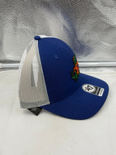Load image into Gallery viewer, Lifestyle image of a person wearing the Florida Gators NCAA '47 Brand Throwback Blue Trucker Adjustable Snapback Hat at a game, representing team spirit.