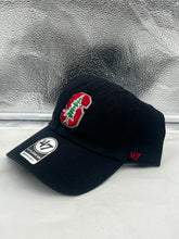 Load image into Gallery viewer, Close-up of the Stanford Cardinal NCAA '47 Brand Black Clean Up Adjustable Strapback Hat, highlighting the quality craftsmanship and fabric texture.