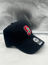 Load image into Gallery viewer, Stanford Cardinal NCAA '47 Brand Black Clean Up Adjustable Strapback Hat styled with casual outfits, demonstrating versatility for everyday wear.