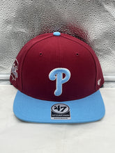 Load image into Gallery viewer, Philadelphia Phillies MLB '47 Brand Red Two Tone Captain Adjustable Snapback Hat showcasing vibrant red color and iconic team logo.