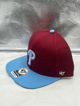 Load image into Gallery viewer, Close-up view of the Philadelphia Phillies MLB '47 Brand Red Two Tone Captain Adjustable Snapback Hat, highlighting the premium fabric and adjustable snapback closure.