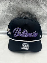 Load image into Gallery viewer, Baltimore Ravens NFL '47 Brand Black Script Hitch Rope Adjustable Snapback Hat showcasing the iconic Ravens logo, perfect for showing team spirit.