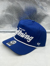Load image into Gallery viewer, Close-up of the Tampa Bay Lightning NHL '47 Blue Script Hitch Rope Adjustable Snapback Hat showcasing vibrant blue color and stylish rope detail.