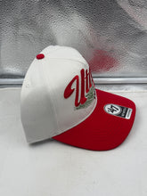 Load image into Gallery viewer, Tilting view of the Utah Utes NCAA '47 Brand White Two Tone Hitch Adjustable Snapback Hat highlighting its comfortable fit and breathable fabric.