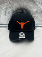 Load image into Gallery viewer, Texas Longhorns NCAA '47 Brand Black Clean Up Adjustable Strapback Hat displayed from the front, showcasing the iconic logo and stylish design.