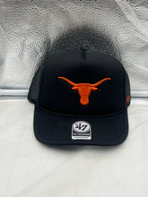 Load image into Gallery viewer, Texas Longhorns NCAA '47 Brand Black Foam Trucker Mesh Adjustable Snapback Hat with iconic logo for game day or casual wear.