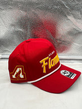 Load image into Gallery viewer, Flat lay display of the Atlanta Flames NHL '47 Throwback Red Script Hitch Rope Adjustable Snapback Hat highlighting its durable material and stylish design.