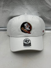 Load image into Gallery viewer, Front view of the Florida State Seminoles FSU NCAA '47 Brand White Clean Up Adjustable Hat, a Florida State Seminoles hat with embroidered team logo.