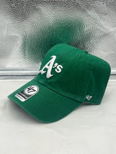 Load image into Gallery viewer, Close-up of the Oakland Athletics MLB '47 Brand Throwback Green Clean Up Adjustable Hat highlighting its comfortable adjustable fit and durable materials.